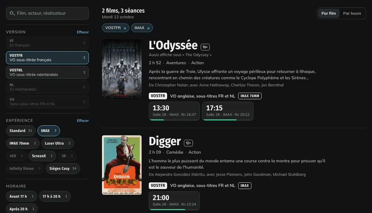 Le prototype filtré sur VOSTFR et IMAX : deux films, trois séances, compteurs à côté de chaque filtre