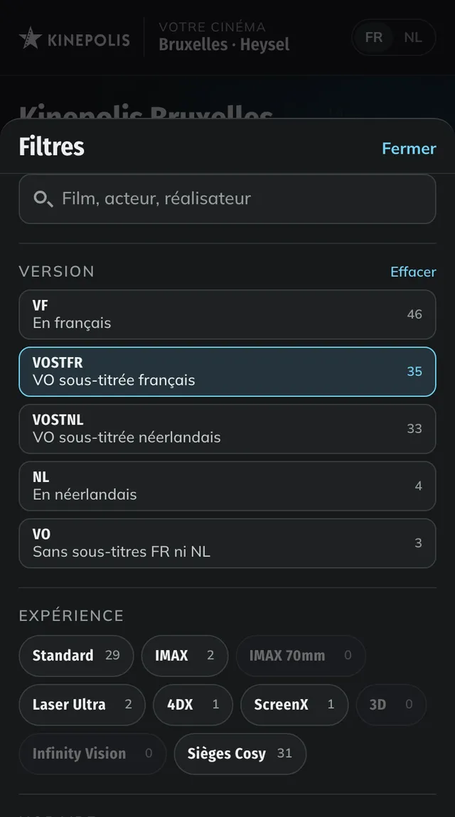 Le tiroir de filtres du prototype : rubrique Version avec VF, VOSTFR, VOSTNL, NL et VO, chacune avec son nombre de séances