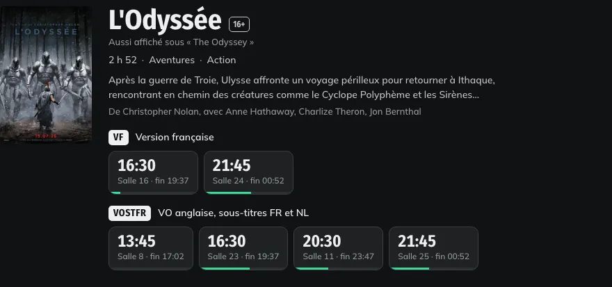 Dans le prototype, une seule fiche L'Odyssée avec les séances VF et VOSTFR rangées sous la même affiche