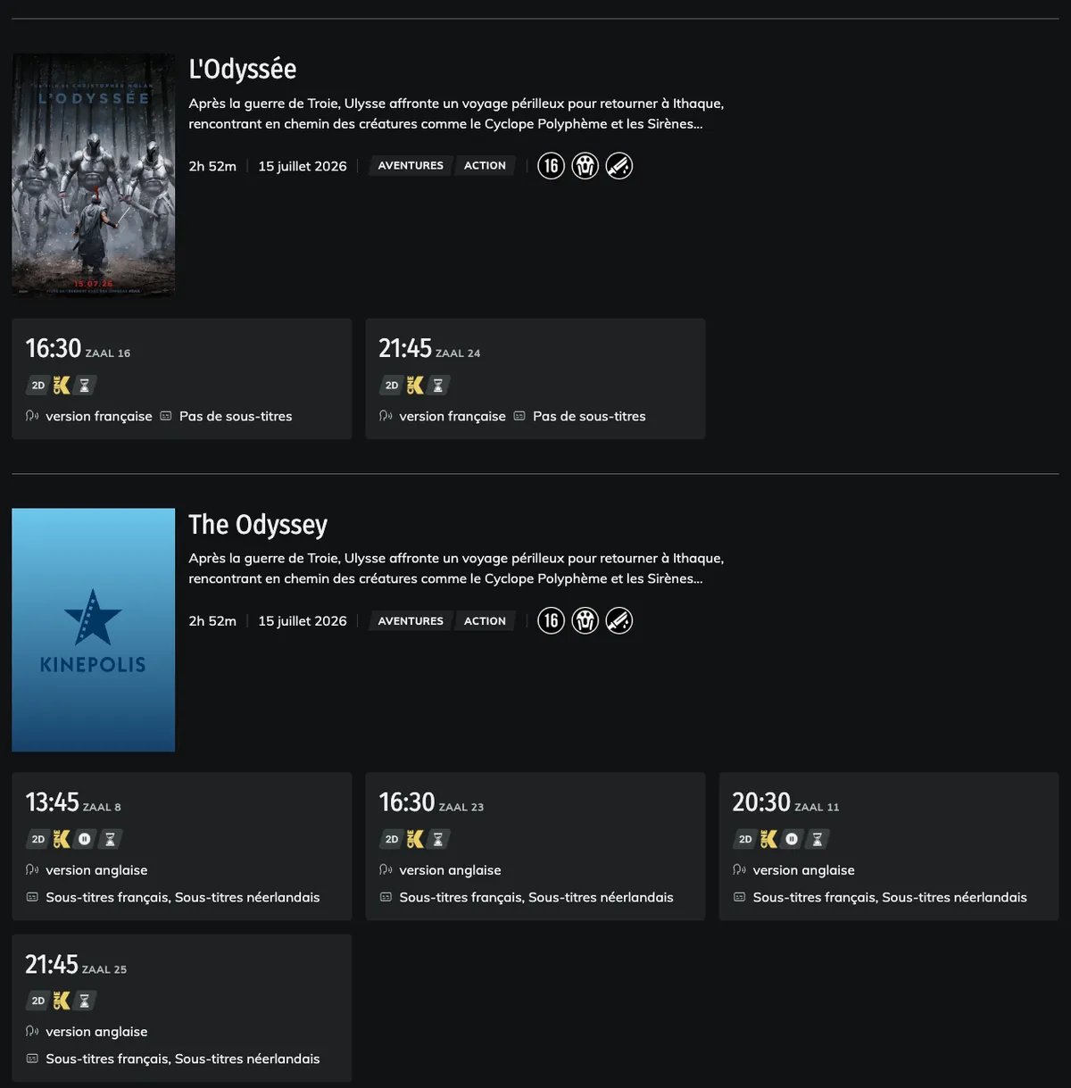 Sur le site actuel, L'Odyssée et The Odyssey l'une sous l'autre comme deux films différents, The Odyssey sans affiche