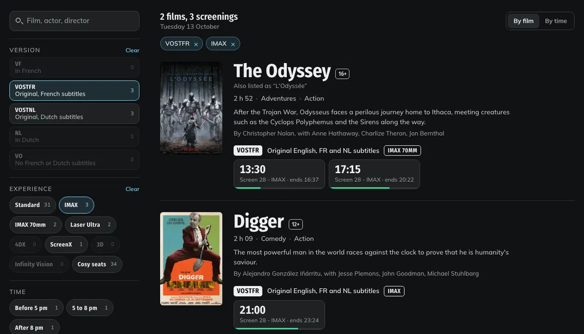 The prototype filtered on VOSTFR and IMAX: two films, three screenings, a count next to every filter