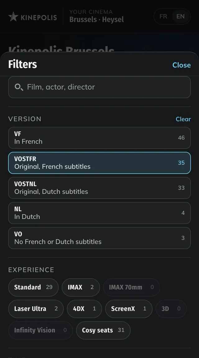 The prototype's filter drawer: a Version section with VF, VOSTFR, VOSTNL, NL and VO, each with its number of screenings
