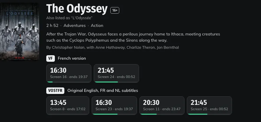 In the prototype, a single The Odyssey listing with French version and VOSTFR showtimes under the same poster