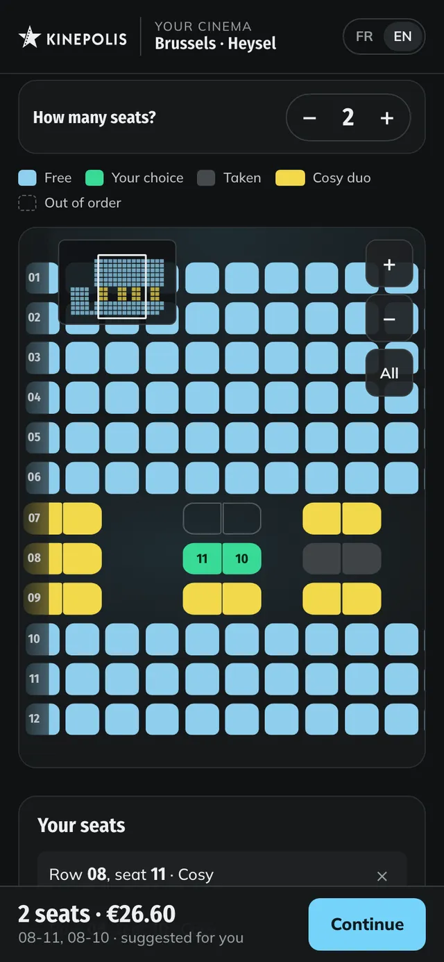 The prototype's seat map: two Cosy seats suggested in row 08, seats large enough for a finger, numbered rows and a mini map